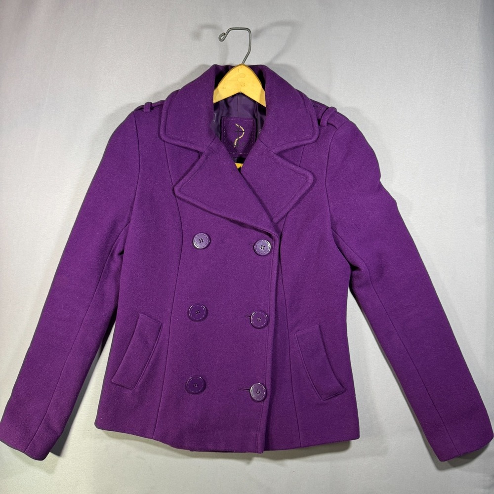 H&M Divided Purple Pea Coat Womens Small Double Breasted Wool Blend Jacket Cozy